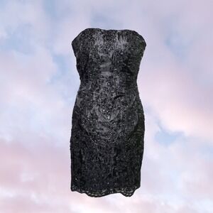 Black Embroidered Beaded Midi Formal Goth Prom Homecoming Strapless Alt Dress